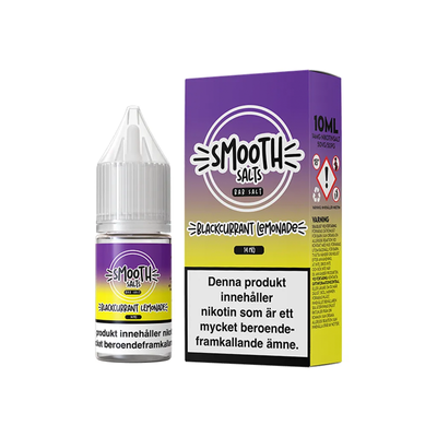 Smooth Salts Blackcurrant Lemonade originalflaska bredvid originalförpackning mot vit bakgrund