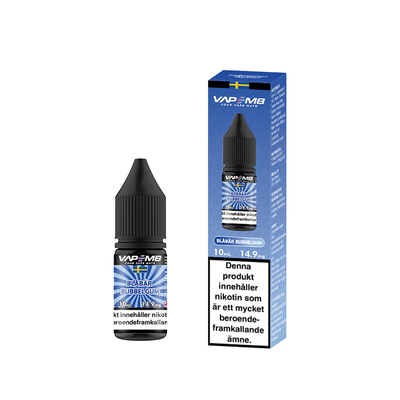 VapeM8 Salt Blåbär Bubbelgum 10ml Nic Salt flaska bredvid originalförpackning