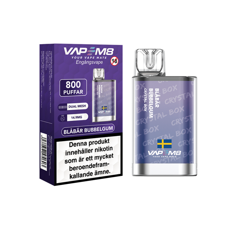 VapeM8 Crystal Box Dual Mesh Blåbär Bubbelgum Engångs Vape bredvid originalförpackning
