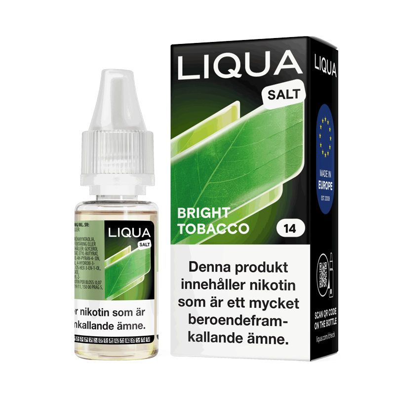 Liqua Salt Bright Tobacco 10ml Nic Salt flaska bredvid originalförpackning