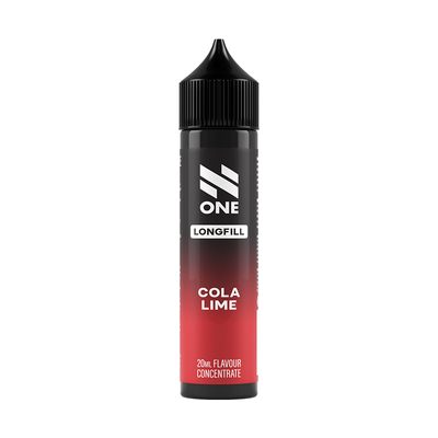 Svart och röd flaska. På flaskan står det N One longfill cola lime 20ml flavour concentrate
