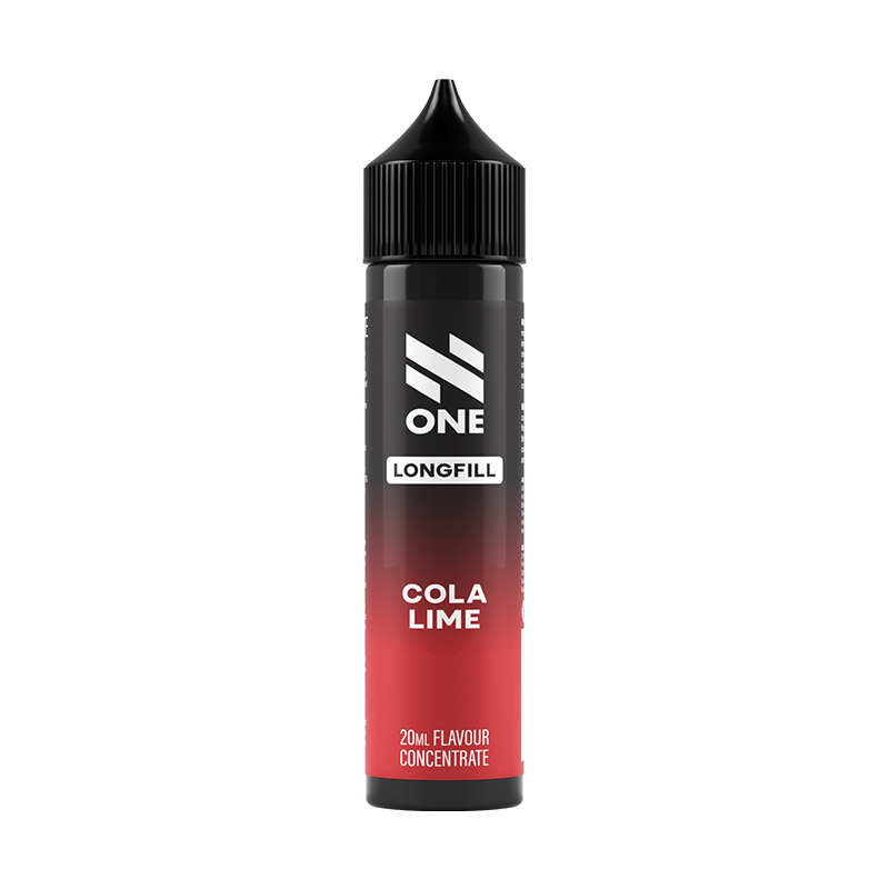 Svart och röd flaska. På flaskan står det N One longfill cola lime 20ml flavour concentrate