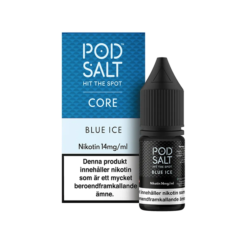 Pod Salt Blue Ice Flaska bredvid originalförpackning
