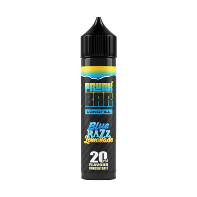 Svart, gul och blå flaska. På flaskan står det frunk bar longfill blue razz lemonade 20ml flavour concentrate