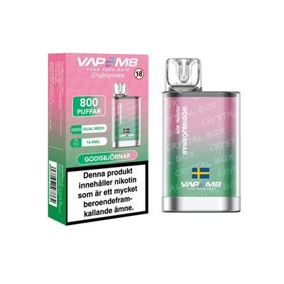 VapeM8 Crystal Box Dual Mesh Engångs Vape Godisbjörnar engångsvape bredvid originalförpackning mot vit bakgrund