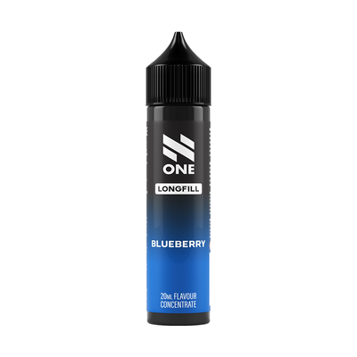 Svart och blå flaska. På flaskan står det N One longfill blueberry 20ml flavour concentrate