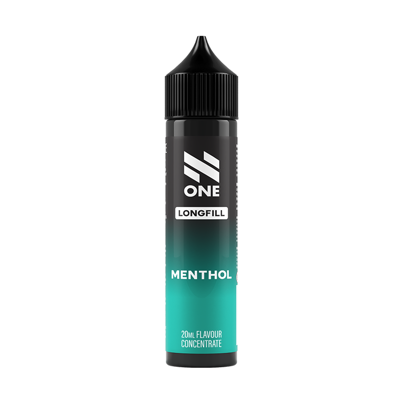 Svart och blå flaska. På flaskan står det N One longfill menthol 20ml flavour concentrate