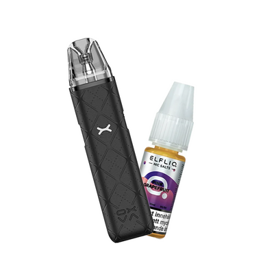 OXVA Xlim Go Pod Kit bredvid Elfliq Pink Grapefruit flaska, placerade mot en ljus bakgrund.