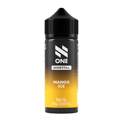 Svart och orange flaska. På flaskan står det N One Shortfill mango ice 0mg/ml 100ml shortfill