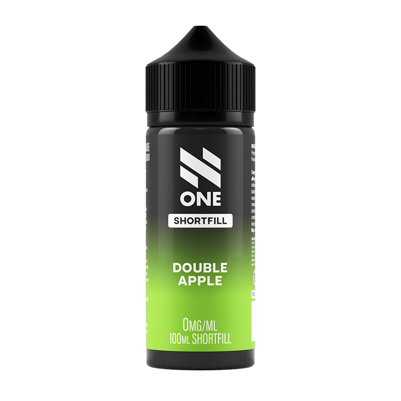 Svart och grön flaska. På flaskan står det N One Shortfill double apple 0mg/ml 100ml shortfill
