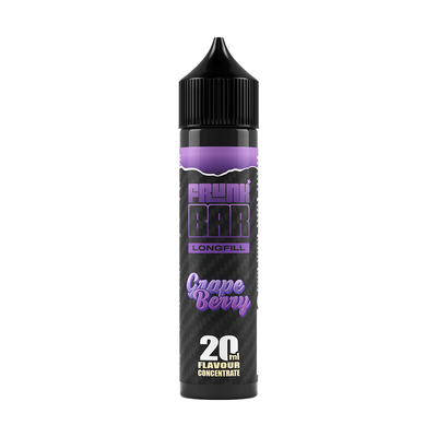 Svart och lila flaska. På flaskan står det frunk bar longfill grape berry 20ml flavour concentrate