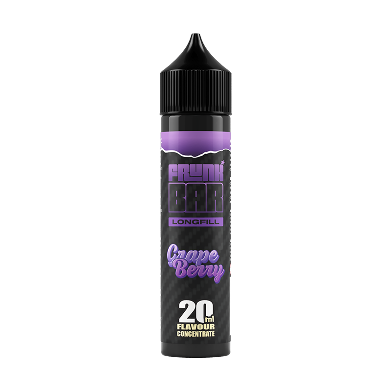 Svart och lila flaska. På flaskan står det frunk bar longfill grape berry 20ml flavour concentrate