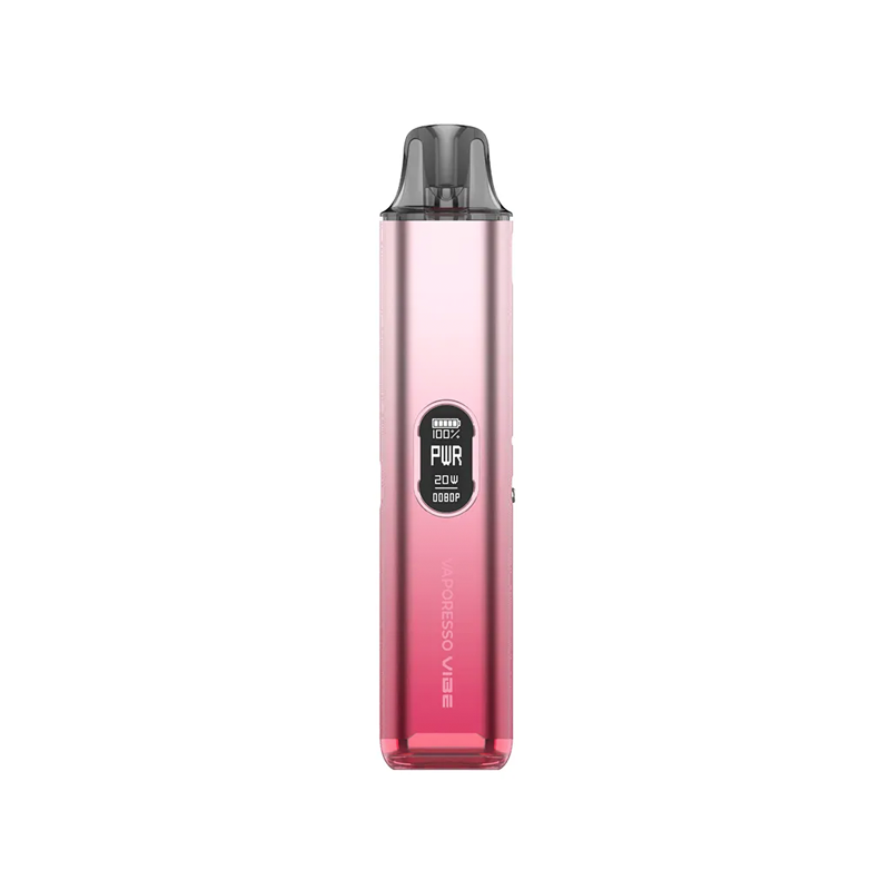 Vaporesso VIBE i färgen Cherry Pink – e-cigarett med OLED-skärm, Dual Mesh-pod och gradientdesign i röd och rosa ton.