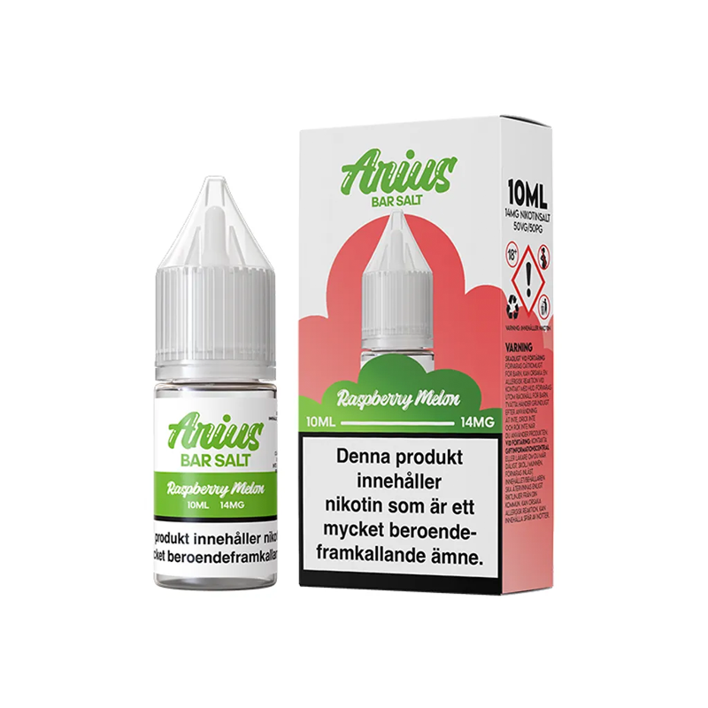 Arius Bar Salt Raspberry Melon flaska bredvid originalförpackning