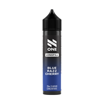 Svart och blå flaska. På flaskan står det N One longfill blue razz cherry 20ml flavour concentrate