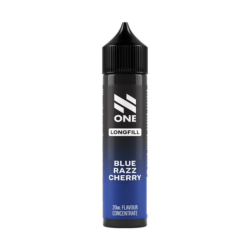 Svart och blå flaska. På flaskan står det N One longfill blue razz cherry 20ml flavour concentrate