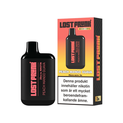 Lost Frunk Engångs Vape Peach Mango Guava bredvid originalförpackning