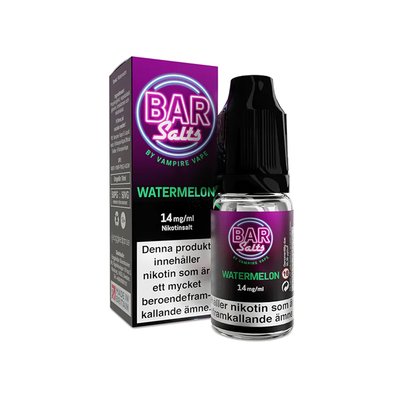 Bar Salts Watermelon Flaska bredvid originalförpackning