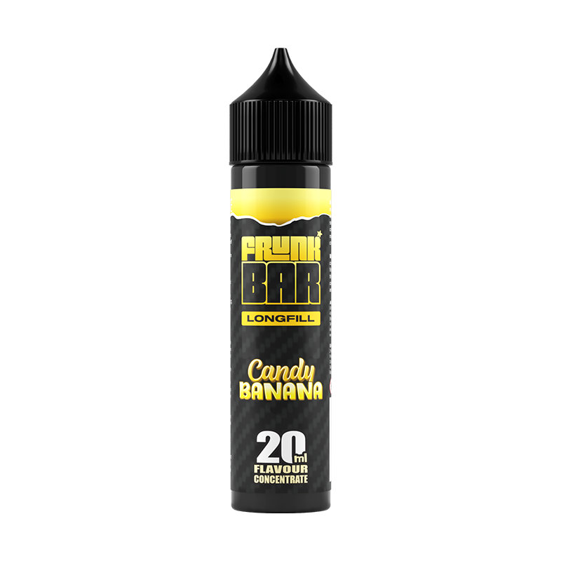 Svart och gul flaska. På flaskan står det frunk bar longfill candy banana 20ml flavour concentrate