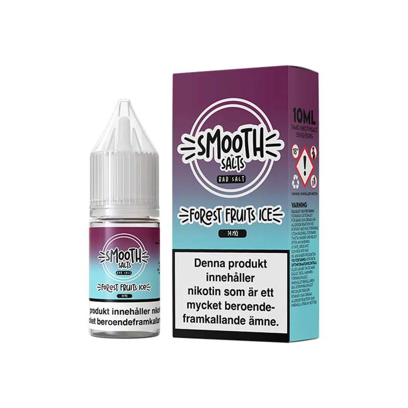 Smooth Salts Forest Fruits Ice originalflaska bredvid originalkartong mot vit bakgrund