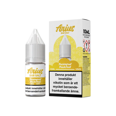 Arius Bar Salt Passionfruit Peach Frost flaska bredvid originalförpackning