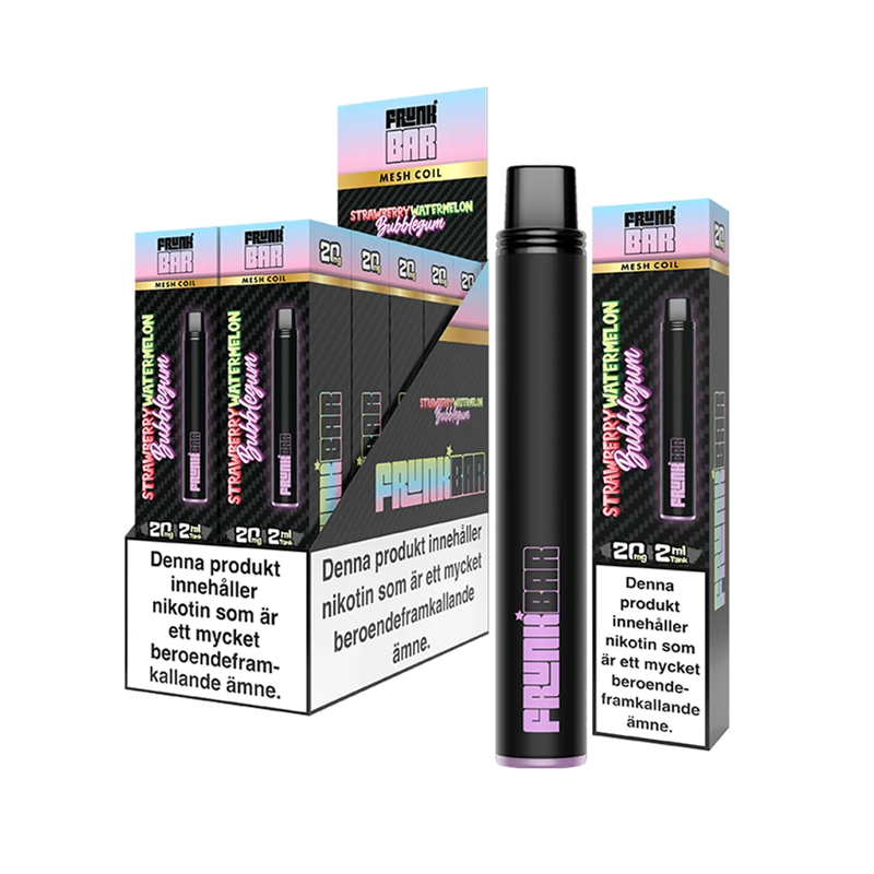 Frunk Bar Mesh Strawberry Watermelon Bubblegum engångsvape 10-pack, förfyllda vapes med nikotin och 2 ml e-vätska.