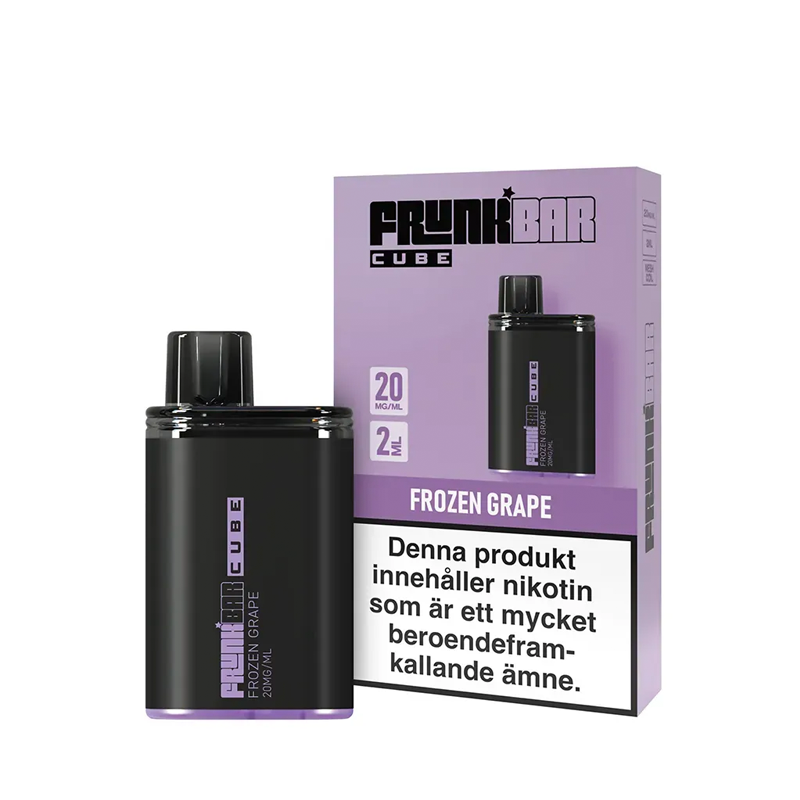 Frunk Bar Cube Frozen Grape Engångs Vape bredvid originalförpackning