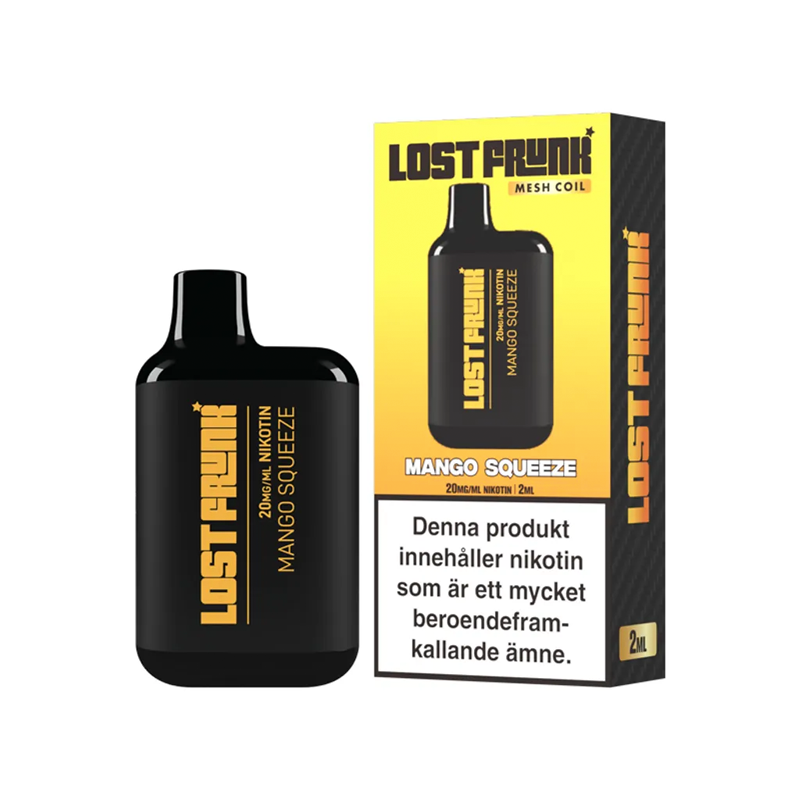 Lost Frunk Engångs Vape Mango Squeeze bredvid originalförpackning