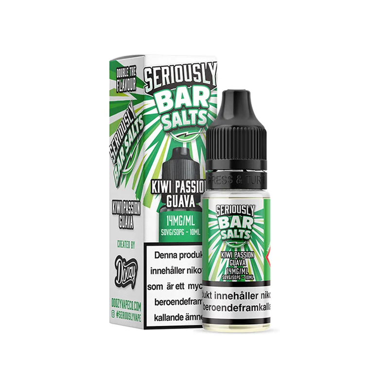 Seriously Bar Salts Kiwi Passion Guava Flaska bredvid originalförpackning