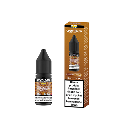VapeM8 Salt Karamell Tobak 10ml Nic Salt flaska bredvid originalförpackning
