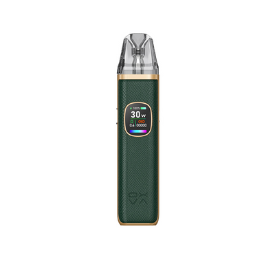 OXVA Xlim PRO 2 i färgen Platinum Black – e-cigarett med display, transparent pod och stilren grön läderimitation med guldkant