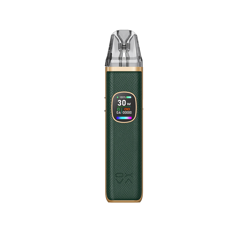 OXVA Xlim PRO 2 i färgen Platinum Black – e-cigarett med display, transparent pod och stilren grön läderimitation med guldkant