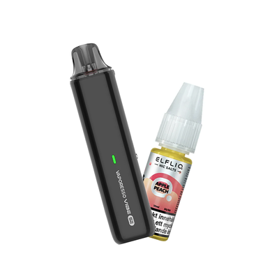 Vaporesso Vibe SE podsystem tillsammans med Elfliq Apple Peach e-juice med smak av äpple och persika