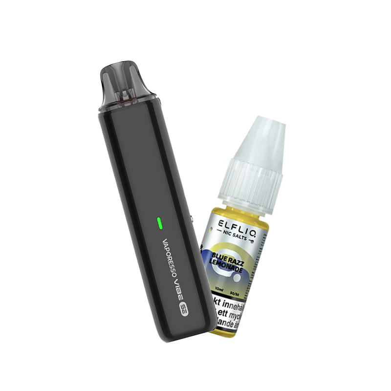 Vaporesso Vibe SE podsystem tillsammans med Elfliq Blue Razz Lemonade e-juice med smak av blå hallon och lemonad