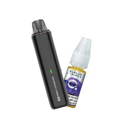 Vaporesso Vibe SE podsystem tillsammans med Elfliq Blueberry e-juice med smak av blåbär