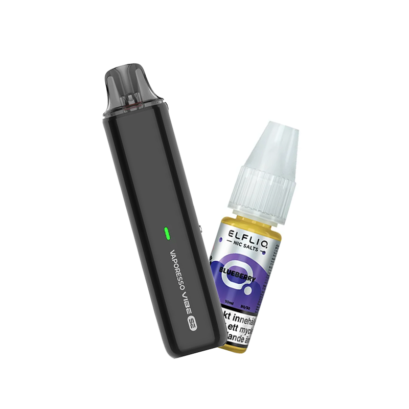Vaporesso Vibe SE podsystem tillsammans med Elfliq Blueberry e-juice med smak av blåbär