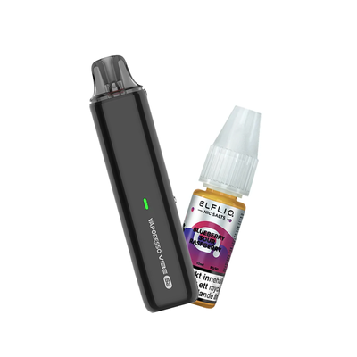 Vaporesso Vibe SE podsystem tillsammans med Elfliq Blueberry Sour Raspberry e-juice med smak av blåbär och hallon