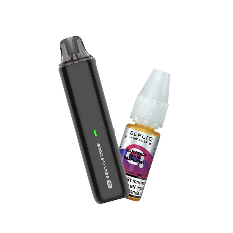 Vaporesso Vibe SE podsystem tillsammans med Elfliq Blueberry Sour Raspberry e-juice med smak av blåbär och hallon
