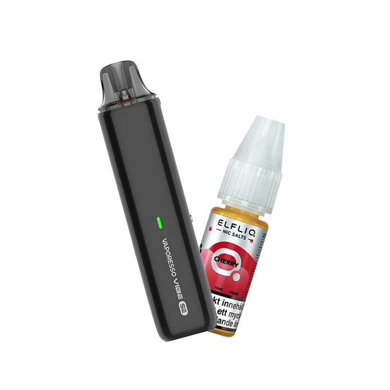 Vaporesso Vibe SE podsystem tillsammans med Elfliq Cherry e-juice med smak av körsbär