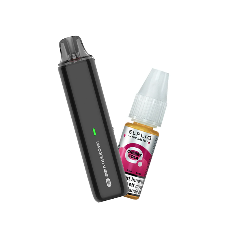 Vaporesso Vibe SE podsystem tillsammans med Elfliq Cherry Cola e-juice med smak av körsbär och cola