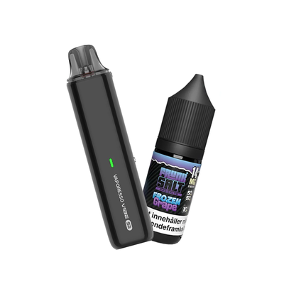 Vaporesso Vibe SE podsystem tillsammans med Frunk Salt Frozen Grape e-juice med smak av vindruvor och cooling