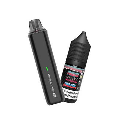 Vaporesso Vibe SE podsystem tillsammans med Frunk Salt Frozen Strawberry e-juice med smak av jordgubb och cooling