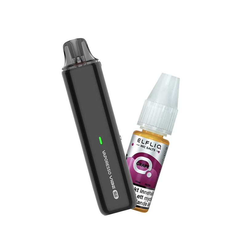Vaporesso Vibe SE podsystem tillsammans med Elfliq Grape e-juice med smak av vindruvor