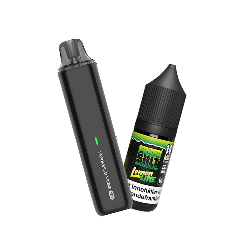 Vaporesso Vibe SE podsystem tillsammans med Frunk Salt Lemon Lime e-juice med smak av citron och lime