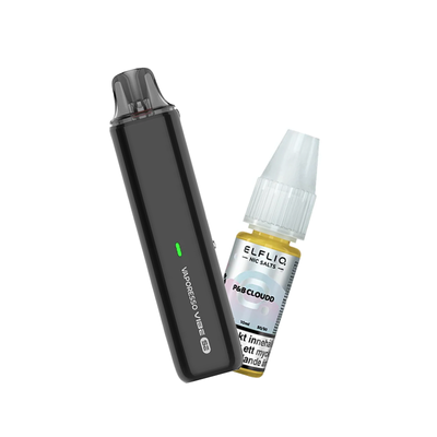Vaporesso Vibe SE podsystem tillsammans med Elfliq P&B Cloudd e-juice med smak av banan och jordnötssmör