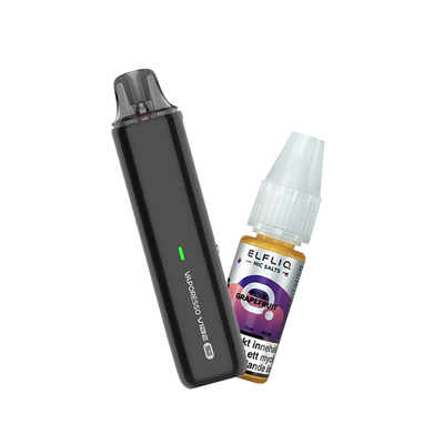 Vaporesso Vibe SE podsystem tillsammans med Elfliq Pink Grapefruit e-juice med smak av grapefrukt
