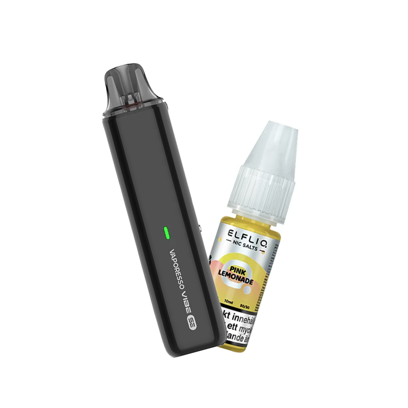 Vaporesso Vibe SE podsystem tillsammans med Elfliq Pink Lemonade e-juice med smak av rosa lemonad