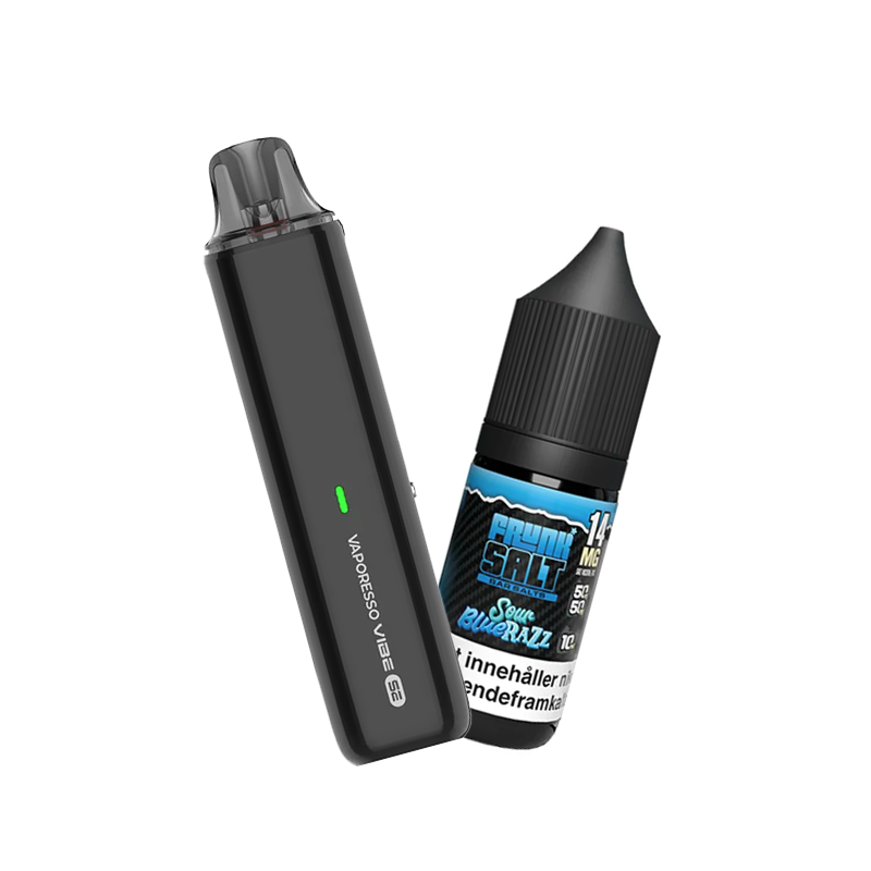 Vaporesso Vibe SE podsystem tillsammans med Frunk Salt Sour Blue Razz e-juice med smak av blå hallon