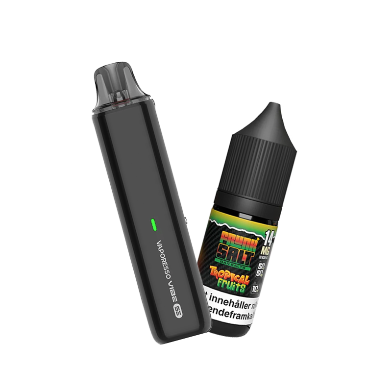 Vaporesso Vibe SE podsystem tillsammans med Frunk Salt Tropical Fruits e-juice med smak av tropiska frukter