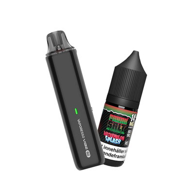 Vaporesso Vibe SE podsystem tillsammans med Frunk Salt Watermelon Splash e-juice med smak av vattenmelon och cooling